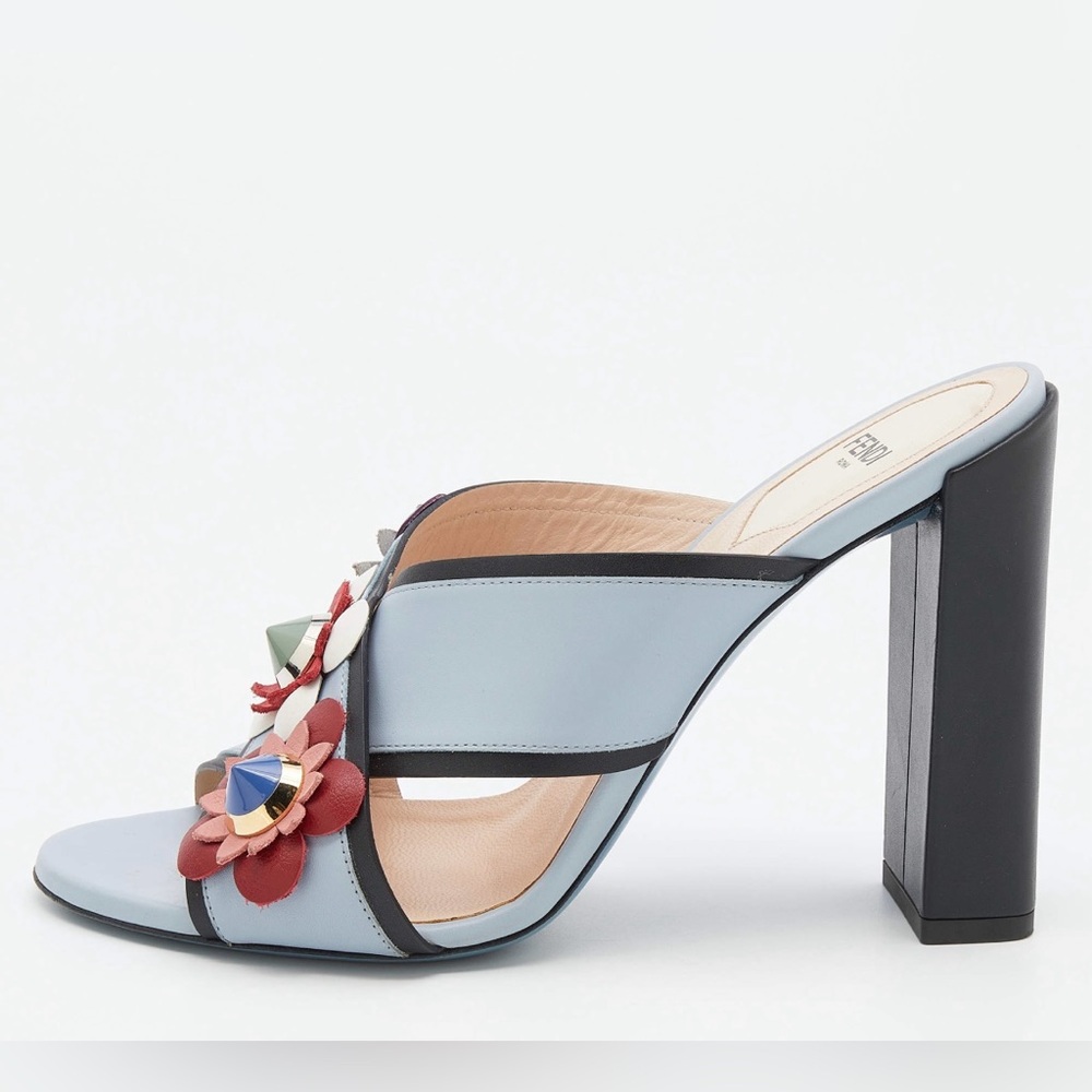 SOLD - FENDI- Light Blue/Black ALL Leather Flowerland Slide Sandals Size 39